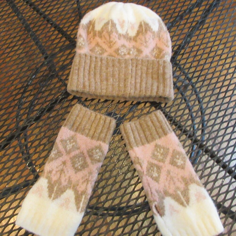Rachel Zoe Cream n Cocoa Colored Soft Knit Hat n Fingerless Gloves